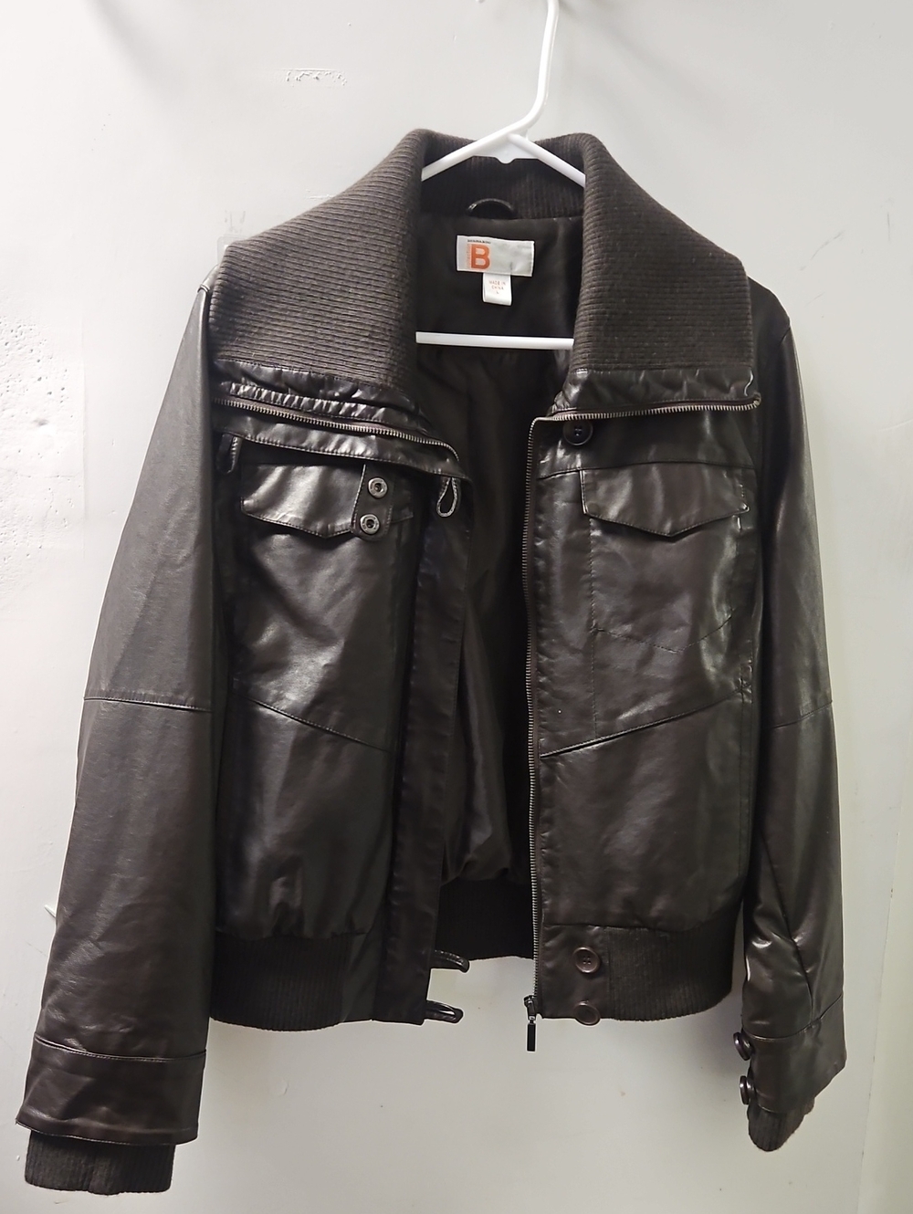 Collection B Black Leather Bomber with Ribbed Shawl Collar